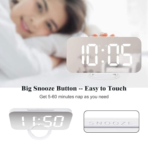 Lamisola White Digital Alarm Clock for Bedrooms, Large LED Mirror Despertador Digital Clocks, Nightstand Bedside Desk Table Clocks for Bedroom Office Living Room, USB Powered thumbnail 7
