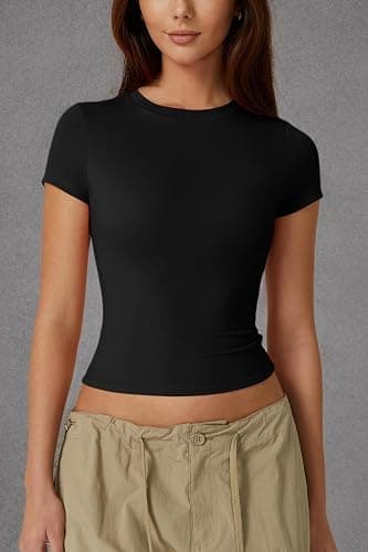 QINSEN Women's Crew Neck Short Sleeve Double-Layer Tops Basic Slim Fit Going Out T Shirt thumbnail 7