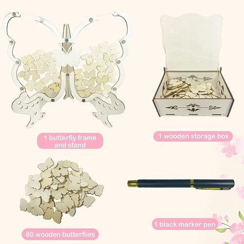 MeiWuKaBH Wooden Butterfly Guest Book Wedding Guest Book Alternative 80 Butterflies Comes with a Signature Pen Wedding Decorations for Reception Wedding Signs for Anniversary Ceremony thumbnail 4