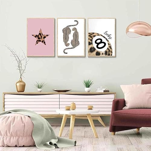 Set of 3 Preppy Cheetah Wall Art Trendy Pink Leopard Canvas Prints Star Lucky 8 Ball Posters Aesthetic Wall Decor Pictures for Girly Bedroom Apartment Dorm Unframed 12x16in thumbnail 9
