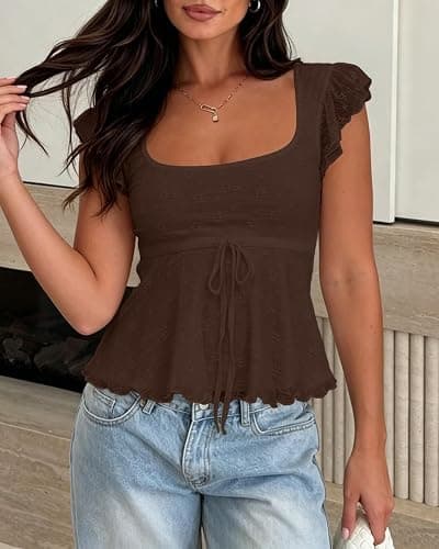 BAIGRAM Women Floral Flowy Babydoll Peplum Tops Y2K Cap Sleeve Ruffle Tank Square Neck Lace Up Layered Crop Shirt Going Out thumbnail 6