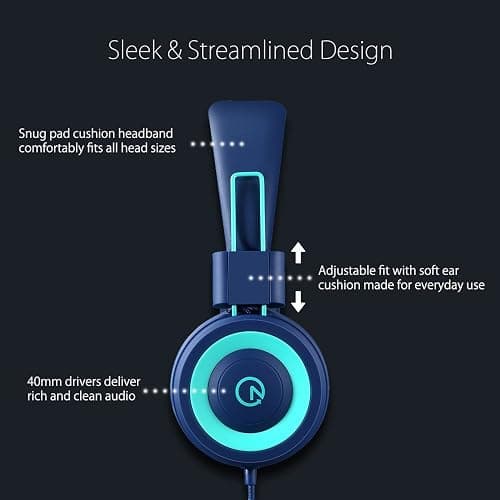 noot products K11 Kids Headphones with Wired Cord 3.5mm Jack Navy/Teal | 5ft Long Cord, Tangle Free, Foldable, Plug in On-Ear Headset for School, Classroom, Boys, Girls, Toddler Laptop Travel Tablet thumbnail 2