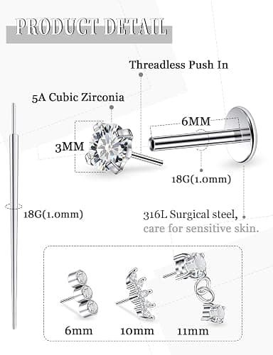 Lsnevsie 14K Gold Filled 20G 18G 16G Threadless Flat Back Earrings Studs Surgical Stainless Steel Push In Nose Rings Studs Tragus Forward Helix Conch Cartilage Earrings Piercing Jewelry For Women Men thumbnail 2