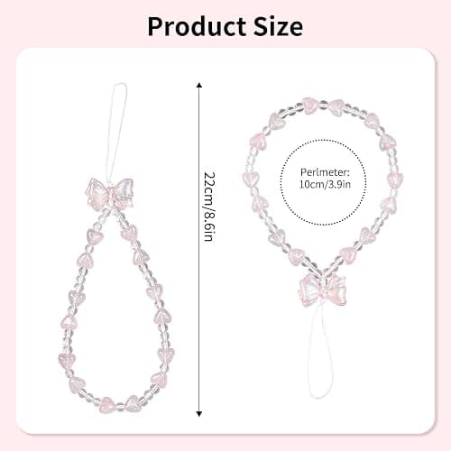inewateri 2 Pack White & Pink Sparkling Bowknot Love Beaded Chain-Phone Lanyard Set, Multi-Purpose Cellphone Bag Key Accessory, Aesthetic Wrist Strap for Women Girls - Sparkle thumbnail 4