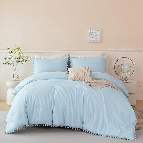 PERFEMET 5 Pieces Twin Bedding Sets Light Blue Pom Pom Comforter for Girls | Soft Fluffy Solid Bed Sets for Bedroom All Season Boho Bed in A Bag for Kids Women with Comforter, Sheets & 2 Pillowcases thumbnail 2