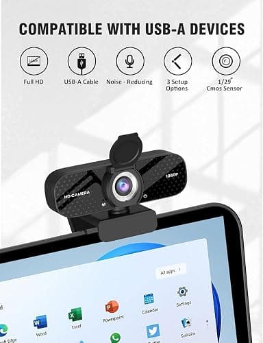 Catitru Full HD 1080P Webcam with Built-in Mic Wide Angle & Auto Focus Privacy Cover for PC/Laptop Plug & Play USB Camera Black thumbnail 4