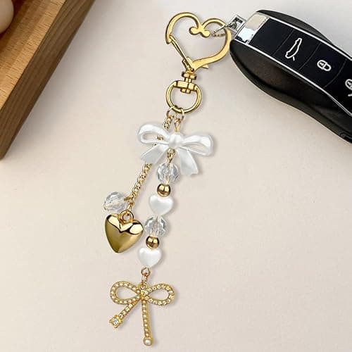 2pcs Bow Heart Beaded Keychain Accessories Cute Keychains for Women Kawaii Bowknot Pearl Bag Charms for Handbags Silver Gold Bows Hearts Key Chain for Car Keys Aesthetic Heart Key Ring Backpack Charms thumbnail 4