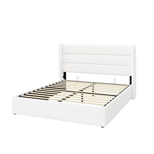 SHA CERLIN Queen Size Lift Up Storage Bed/Velvet Upholstered/Modern Wingback Headboard/Upholstered Platform Bed Frame/Hydraulic Storage/No Box Spring Needed/White thumbnail 6