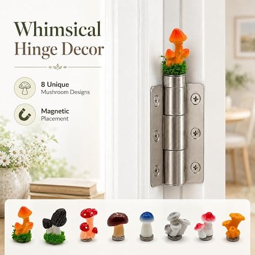 8 Pack Mushroom Door Hinge Toppers, Colorful Magnetic Resin Hinge Heads | Eight colorful resin mushroom hinge toppers add cottagecore charm to doors, cabinets and compatible magnetic surfaces. thumbnail 3
