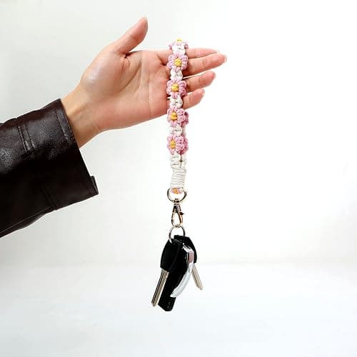 XGALBLA Cute Macrame Keychain Boho Handmade Weave Wristlet Bracelet Keychain Floral Wrist Lanyard Keyring Holder for Women thumbnail 5