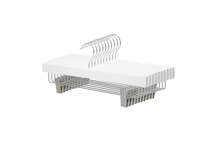 Amazon Basics Durable Wooden Pants and Skirt Hangers with Clips, Closet Organizer, White, 10-Pack - Image 1