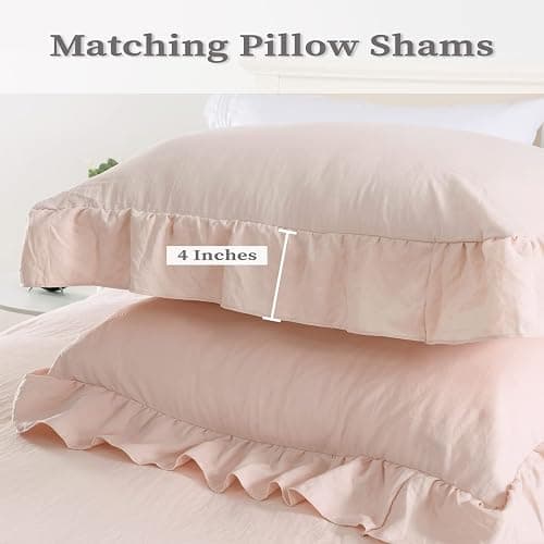 Pink Ruffle Duvet Cover Queen Size, 3PCS Soft Washed Microfiber Vintage French Country Duvet Cover Set for Queen Bed, Pink, 90x90 in thumbnail 3