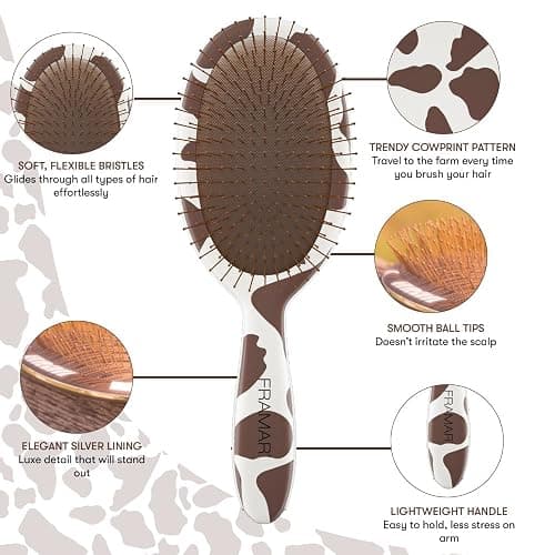 FRAMAR Cow Print Hair Brush Detangler, Detangling Hairbrush For Women, Wet Hair Brush For Girls, Hair Detangler Brush, Wet Hairbrush, Hairbrushes, Girls Hairbrush Detangler, Reduces Frizz – Cow Print thumbnail 2