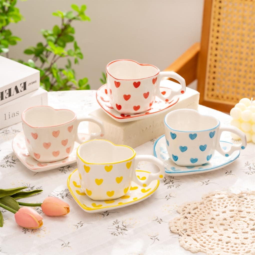 WAIT FLY Heart Shaped Ceramic Coffee Mug Set with Saucer, Tea Cup, Breakfast Cup, Dessert Plate-Pink-8 OZ thumbnail 6