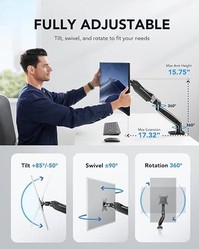 HUANUO FlowLift™ Single Monitor Mount, 13 to 32 Inch Monitor Arm, Adjustable Monitor Stand, Vesa Mount with Clamp and Grommet Base - Fits 4.4 to 19.8lbs LCD Computer Monitors thumbnail 4