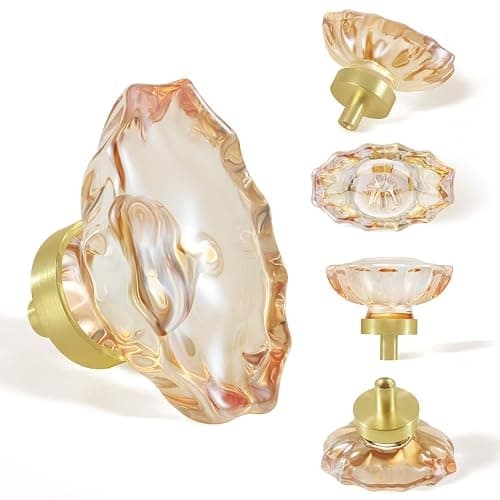 SHINY HANDLES 4 Pack Glass Cabinet Knobs and Pulls,Oval Champagne Crystal Knobs for Dresser Drawer with Satin Brass/Brushed Gold Base - 4 Pack (45mm) - Champagne Crystal and Satin Brass Base - Image 1