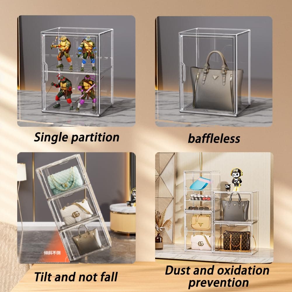 Acrylic Display Case for Collectibles, Stackable Figure Display Case, Handbag Storage with Movable Panels for Pop Figure, Toys, Sports Memorabilia, Handbag Organizer, Books thumbnail 3