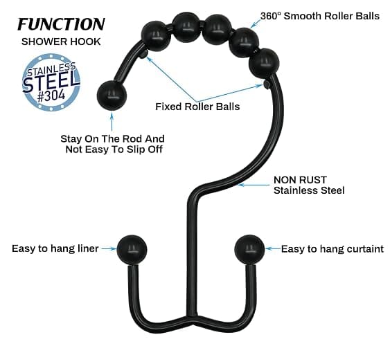Black Shower Rod with 12 Hooks, 43-72 Inches, Rust Resistance, Adjustable Tension Rod with Durable Spring, No Drilling - Use For Bathroom, Bedroom, Home, Matte Black thumbnail 5