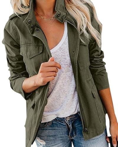 Imily Bela Womens Jacket Ladies Utility Jacket Stand-Up Collar Parka Lightweight with Multiple Pockets Autumn - Image 1