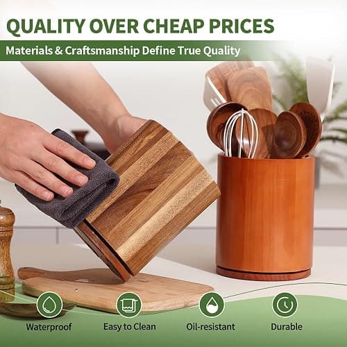 gorsent Wooden Utensil Holder, 360°Rotating 7.3'' Large Utensil Holder for Kitchen Counter, Kitchen Utensil Organizer, Utensil Crock, Farmhouse Kitchens Countertop Decor, Acacia Wood thumbnail 5