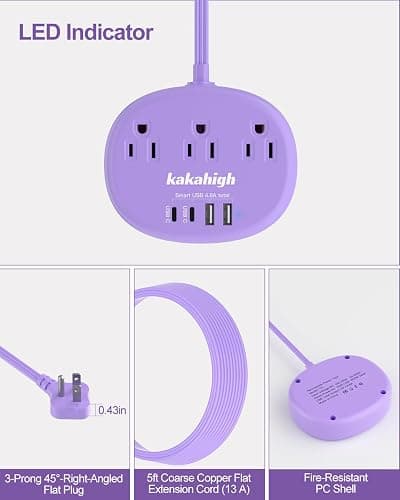 Purple Extension Cord with USB C - 5 FT Flat Power Strip | 1625W Cute Extension Cord with 3 AC Outlet 4 USB (24W/4.8A), Compact for Cute Purple Kawaii Lavender Accessories thumbnail 3
