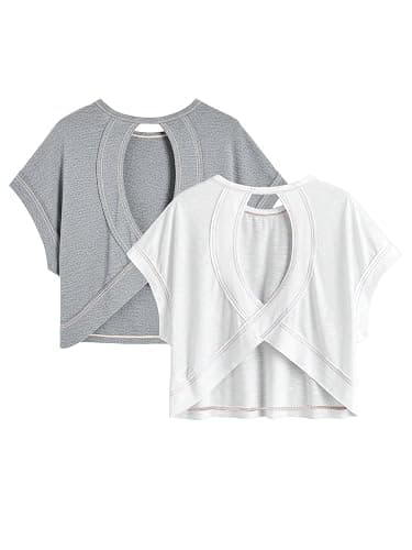 RoseSeek Girl's 2 Packs Open Back Backless Tops Criss Cross Short Sleeve T Shirts Crewneck Casual Tees - Image 1