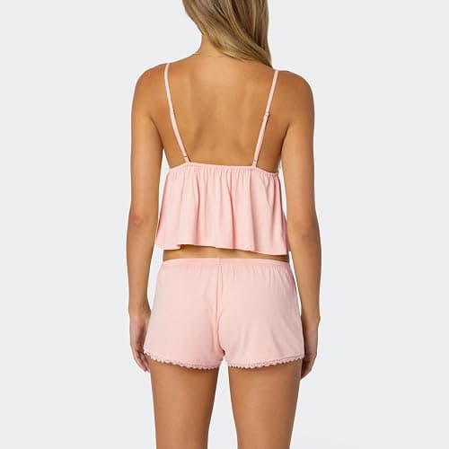 Women Sexy 2 Piece Pajama Set Cute Pj Sets Floral Print Lace Trim Cami Tank Top Shorts Teen Girls Sleepwear thumbnail 2