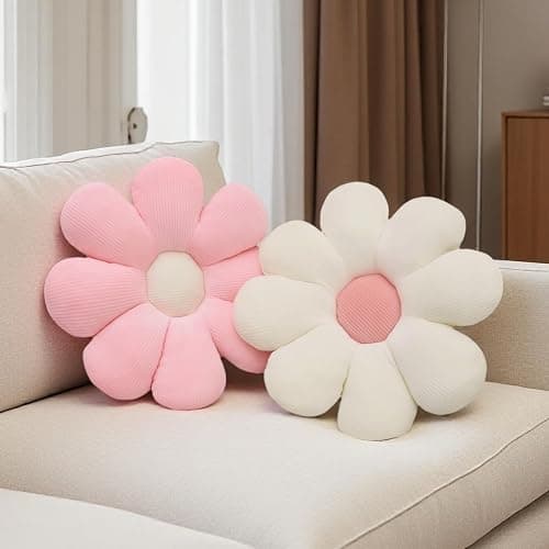 2 Pcs Preppy Pillow Flower Throw Pillows for Girls Aesthetic Room Decor Bedding, 15.35" Cute Pink Daisy Flower Shaped Decorative Throw Pillows for Bedroom Bed Couch Classroom (White+Pink, 15.35 Inch) thumbnail 2