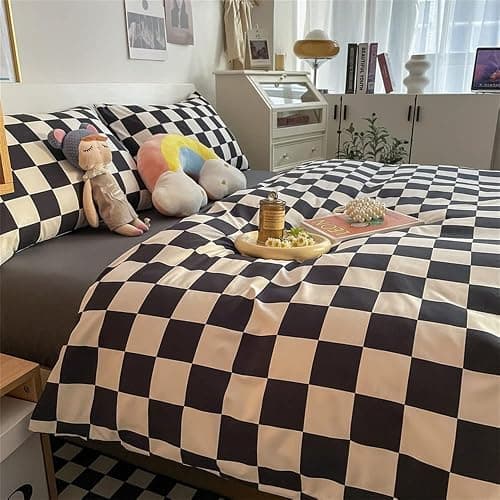Wellboo Black White Plaid Comforter Sets Queen Women Men Black and White Checkerboard Grid Bedding Comforters Cotton Boys Girls Modern Checkered Geometric Quilts Luxury Abstract White Bedding thumbnail 5