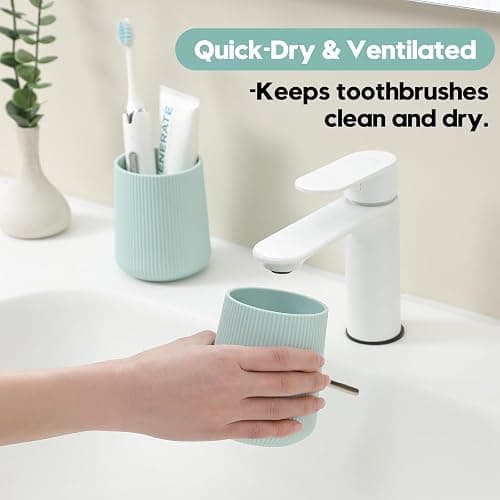 YAUKPH Green Striped Toothbrush Holder for Electric Toothbrushes Bathroom Organizer Cup for Toothpaste Kids & Adults thumbnail 5