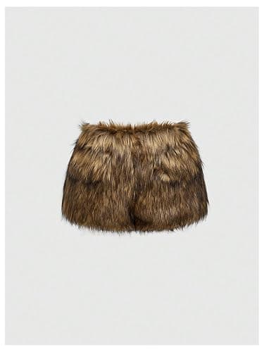 MakeMeChic Women's Fur Skirts Brown Mini Shorts Y2K Summer Fuzzy Low Waisted Skorts Concert Outfits thumbnail 2