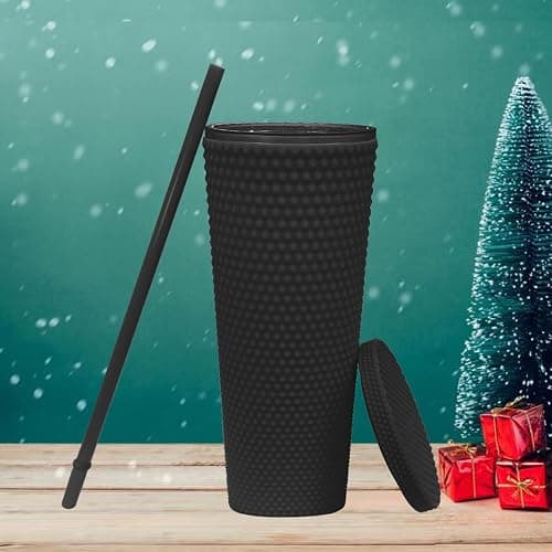 Essasea 24oz Fully Studded Tumbler.Matte Black Studded Tumbler with Lid and Straw.Reusable Double Walled Insulated Travel Tumbler.Plastic Acrylic Pastel Colored Tumbler Cup for Iced Coffee Smoothie. thumbnail 2