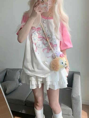 Women Kawaii Japanese Oversized Shirt Bow Graphic Tees Cartoon Baggy Tops Y2K Teen Girl Plus Size Shirts thumbnail 3