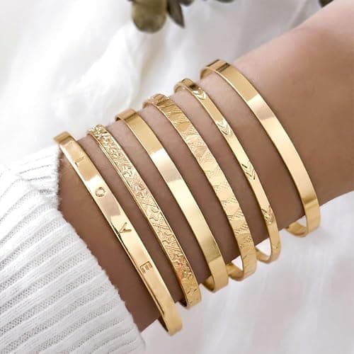 CHICUTIE Gold Bangles Bracelets For Women, 14k Gold Plated Stackable Open Cuff Bracelet Set Charms Trendy Lightweight Elegance Minimalist Textured Boho Jewelry Gift for Women thumbnail 3