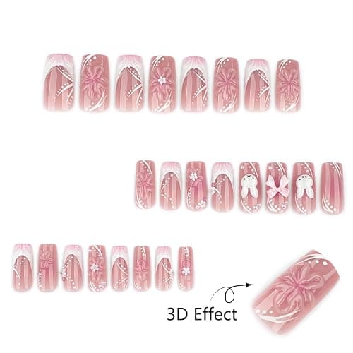 Mivota Soft Gel Press On Nails Long Coffin Pink 3D Flower Bow Bunny Design, Reusable Glue On Fake Nails for Women, Cute Kawaii Salon Manicure Set 24PCS thumbnail 4