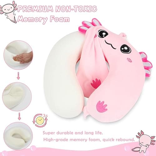 Travel Pillow, Kids Travel Pillow with Sleep Eye Mask Soft Memory Foam Kids Neck Pillow for Boys & Girls, Travel Accessories for Car Airplane Traveling - Axolotl thumbnail 3