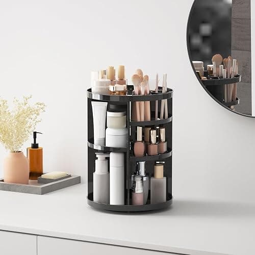 Rotating Makeup Organizer, DIY 8 Adjustable Layers Spinning Skincare Storage, Cosmetic Display Case with Brush Holder and Perfume Tray, Multi-Function Vanity Bathroom Countertop Organizer Black thumbnail 8