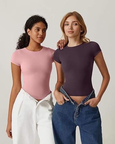 QINSEN Women's Crew Neck Short Sleeve Tees Double Lined Slim Fit T Shirt Basic Y2K Tops thumbnail 3
