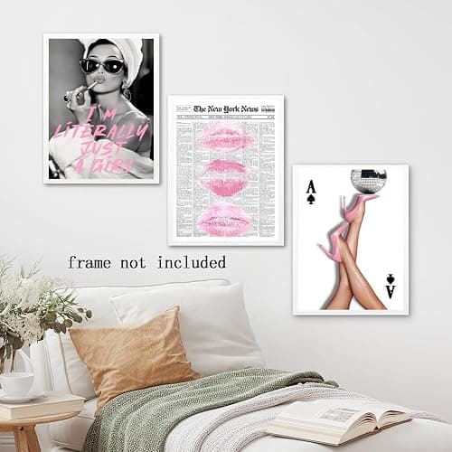 Ripiyome Funky Pink Wall Art Set of 3 Retro Glam Posters Surreal Kiss Lips High Heel Disco Ball Newspaper Woman Print Trendy Girl Quote Feminist Canvas Decor for Girly Bedroom Bar 16x24inch Unframed thumbnail 6