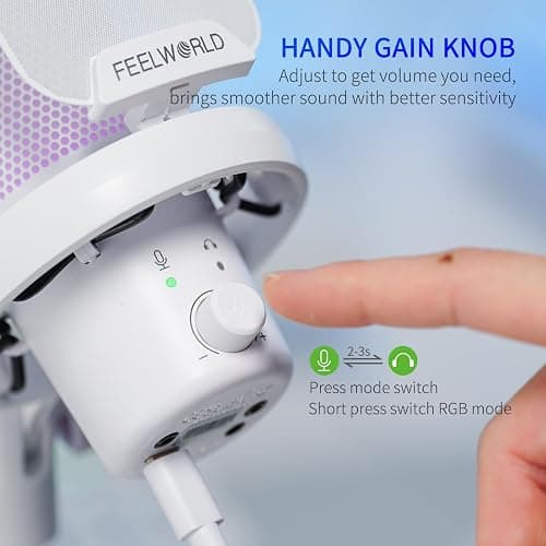 FEELWORLD VM1 White Gaming PC USB Microphone Condenser Mic with Noise Cancellation Mute RGB Light, Computer Accessories Gifts for Gamer YouTube Twitch Podcast Streaming Recording Online Chat PS4 PS5 thumbnail 3