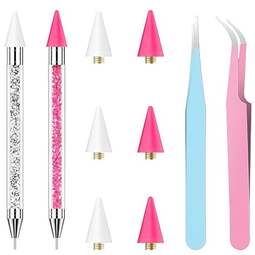 OIFEN Rhinestone Picker Tool,2 Wax Pencil for Rhinestones, Dual-Ended Rhinestone Applicator Wax Pen Gem Picker Tool with 6 Extra Wax Tips and 2 Tweezers (Pink+White) - Image 1