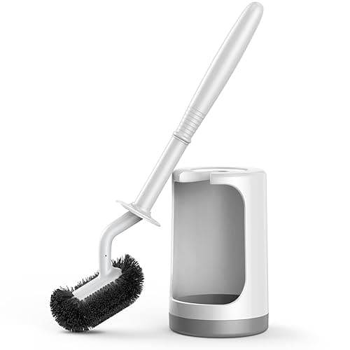 HAMITOR Toilet Bowl Brush Holder Set: Curved Design with Holder for Deep Cleaning Under Rim - Compact Hidden Scrubber for Small Space - Modern RV Bathroom Accessories - White 1 Pack - Image 1