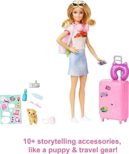 Barbie Doll & Accessories, Travel Set with Puppy and 10+ Pieces, Suitcase Opens & Closes, Barbie 'Malibu' with Blonde Hair thumbnail 5