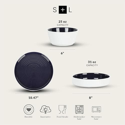 Stone Lain Elica 24-Piece Modern Dinnerware Set Stoneware, Plates and Bowl Sets for 8, Navy and White thumbnail 3