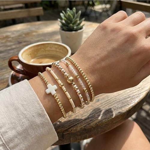 EQUBIO Gold Beaded Cross Bracelet for Women, 14K Plated Adjustable Stackable Dainty Bracelets, Non Tarnish Fashion Jewelry Set Gifts for Women Birthday Friendship thumbnail 2
