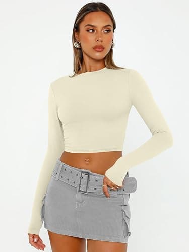 Trendy Queen Womens Long Sleeve Crop Tops Basic Slim Fitted Shirts Fashion 2025 Going Out Y2k Tops Teen Girl Clothes thumbnail 2