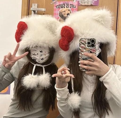 Cute Plush Hat White Cat Ear Bowknot Hat for Women Cartoon Winter Thickened Anti-Freezing Faux Fur Hats with Pom Earflap thumbnail 2