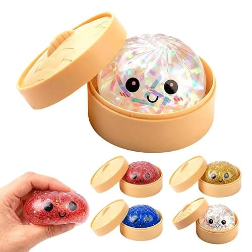 4Pcs Shimmering Dumpling Squishies, 2026 New Colorful Dumplings Stress Balls Fidget Sensory, Squeeze Dough Ball Stress Relief Hand with Food Steamer Stretchy Desk (White) - Image 1