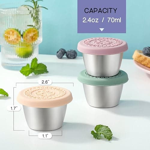 [8 Pack] Salad Dressing Container To Go, 2.4oz Small Condiment Containers with Leakproof Silicone Lids, Reusable Stainless Steel Sauce Cups for Lunch Bento Box, Picnic and Travel thumbnail 3