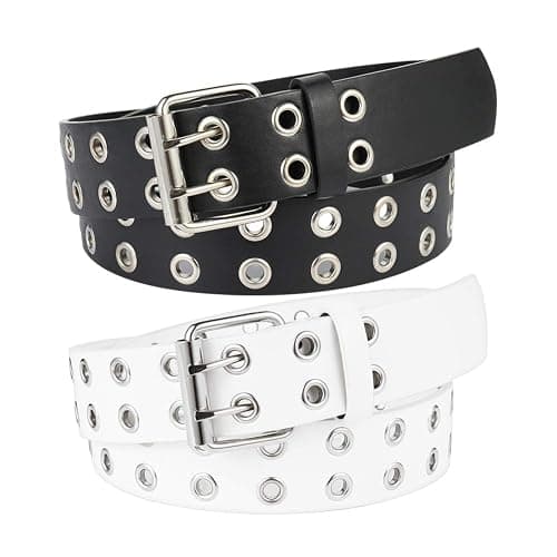 BKpearl 2 Pack Double Grommet PU Leather Punk Belt, 2 Hole Grommet Jeans Belt for Women & Men, Multi, Medium - Image 1